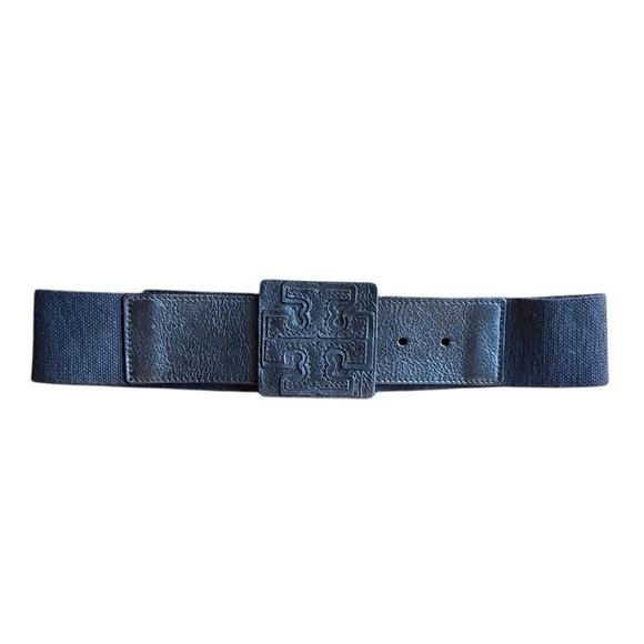 NWT Tory Burch Black Leather Square Stacked T Logo Stretch Belt Size S/M $295